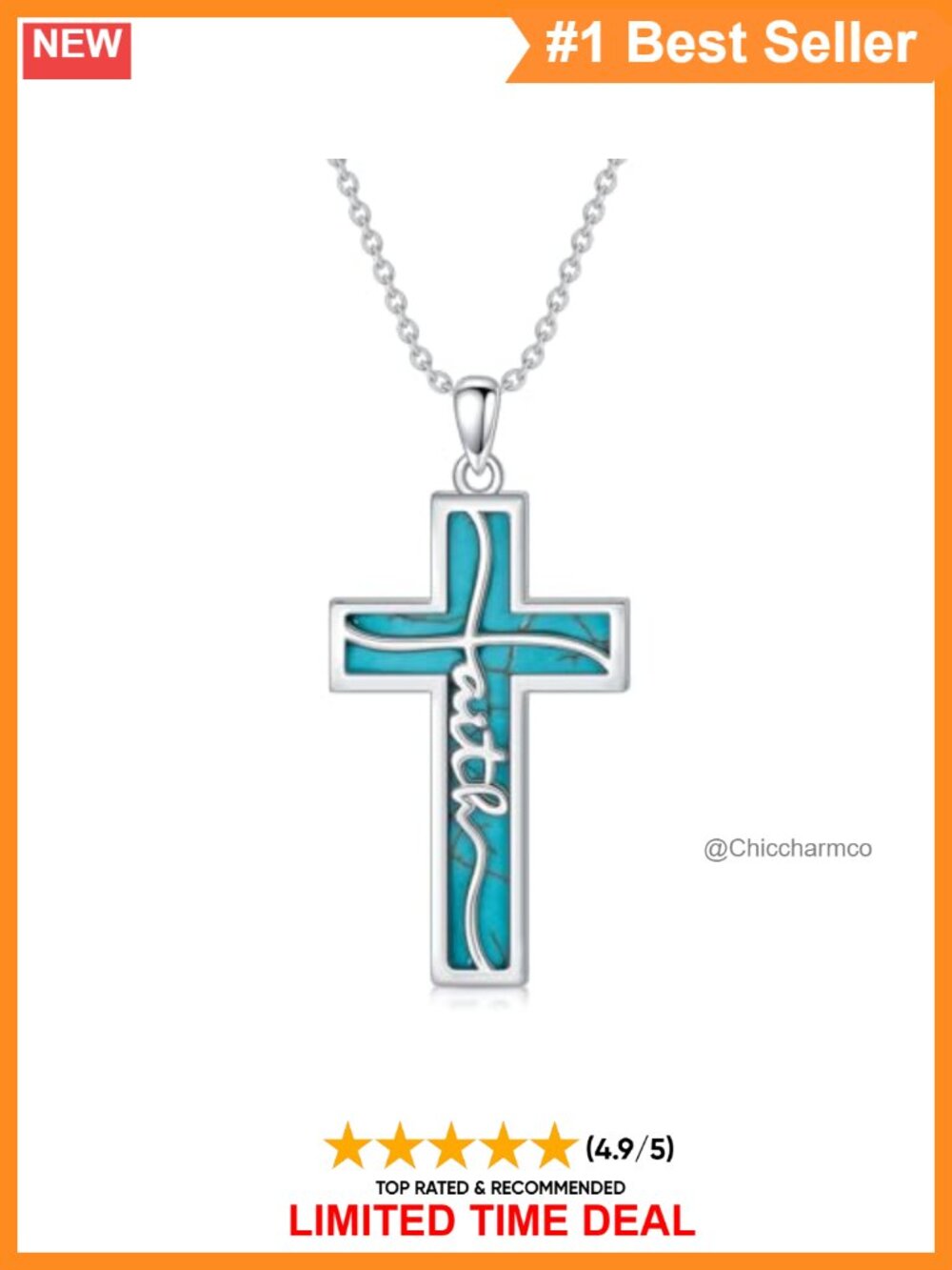 925 Sterling Silver Faith Cross Necklace Natural Turquoise Pendant 18in Women